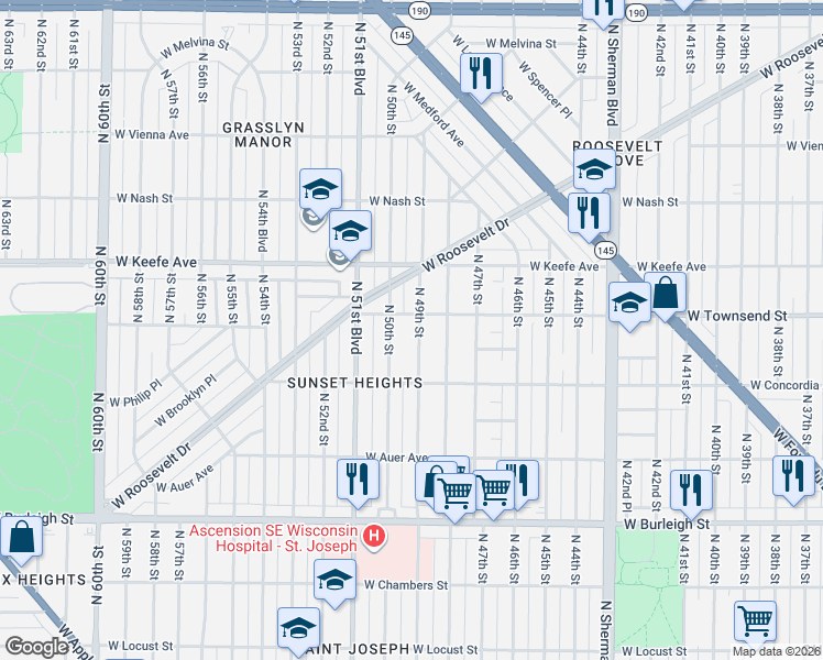 map of restaurants, bars, coffee shops, grocery stores, and more near 3337 North 49th Street in Milwaukee