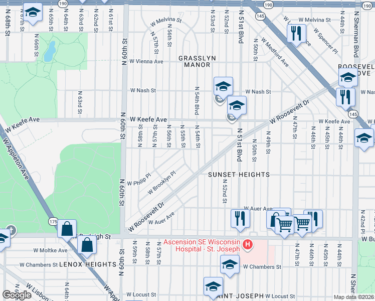 map of restaurants, bars, coffee shops, grocery stores, and more near 3333 North 54th Street in Milwaukee