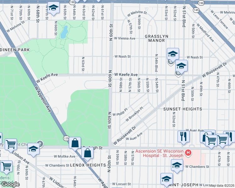map of restaurants, bars, coffee shops, grocery stores, and more near 3320 North 58th Street in Milwaukee