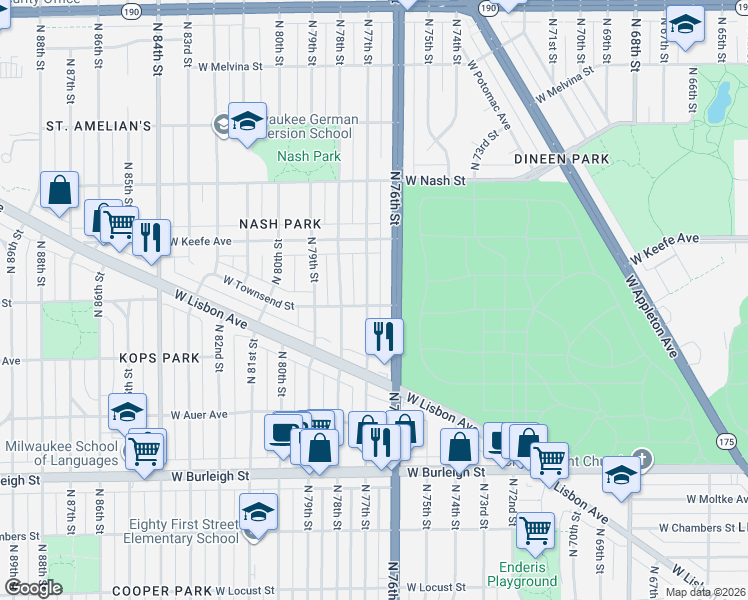 map of restaurants, bars, coffee shops, grocery stores, and more near 3343 North 76th Street in Milwaukee