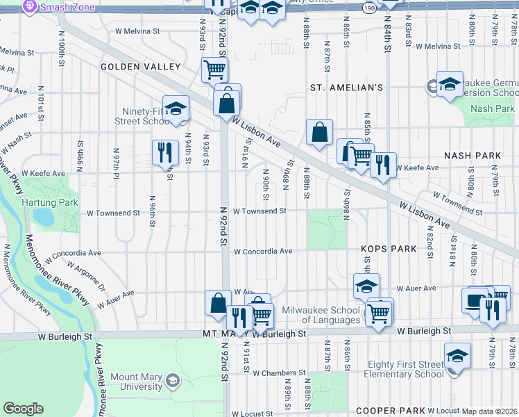 map of restaurants, bars, coffee shops, grocery stores, and more near 3354 North 91st Street in Milwaukee