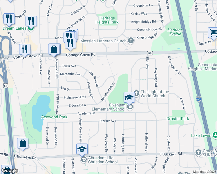 map of restaurants, bars, coffee shops, grocery stores, and more near 1241 Meadowlark Drive in Madison