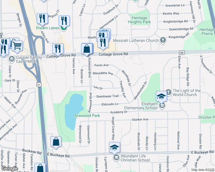 map of restaurants, bars, coffee shops, grocery stores, and more near 4705 Leo Drive in Madison