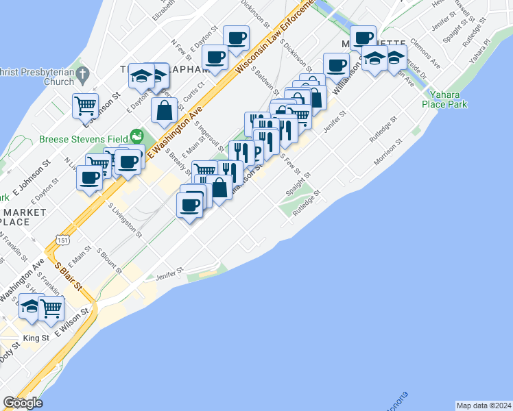 map of restaurants, bars, coffee shops, grocery stores, and more near 1026 Spaight Street in Madison