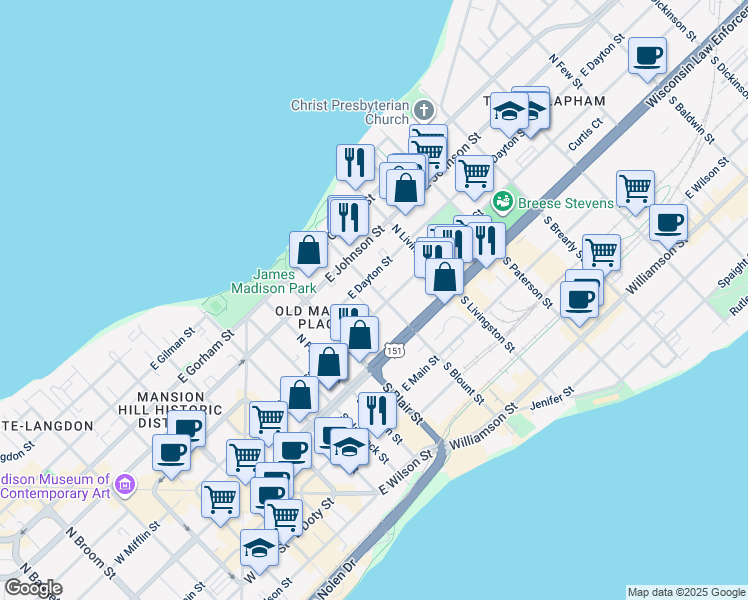 map of restaurants, bars, coffee shops, grocery stores, and more near 626 East Mifflin Street in Madison