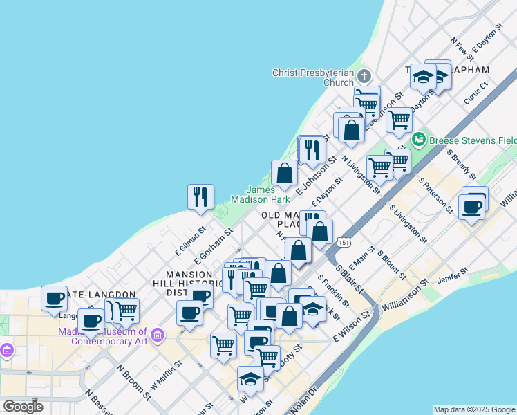 map of restaurants, bars, coffee shops, grocery stores, and more near 311 North Hancock Street in Madison