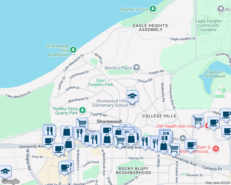 map of restaurants, bars, coffee shops, grocery stores, and more near 1115 Oak Way in Madison