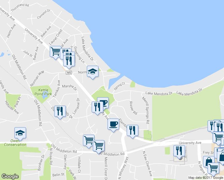 map of restaurants, bars, coffee shops, grocery stores, and more near 1137 Minocqua Crescent in Madison