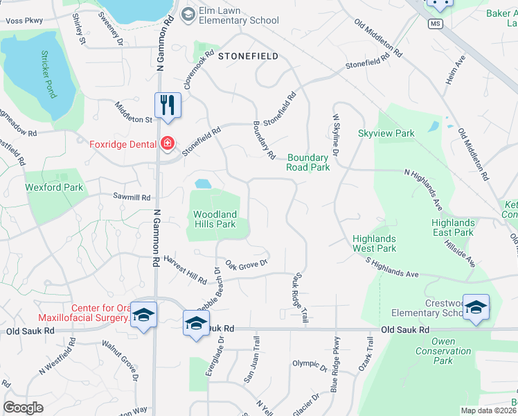 map of restaurants, bars, coffee shops, grocery stores, and more near 25 Pebble Beach Circle in Madison