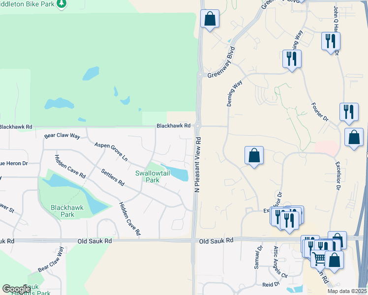 map of restaurants, bars, coffee shops, grocery stores, and more near 1046 North Pleasant View Road in Middleton