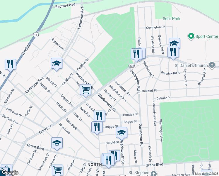 map of restaurants, bars, coffee shops, grocery stores, and more near 261 Maplehurst Avenue in Syracuse