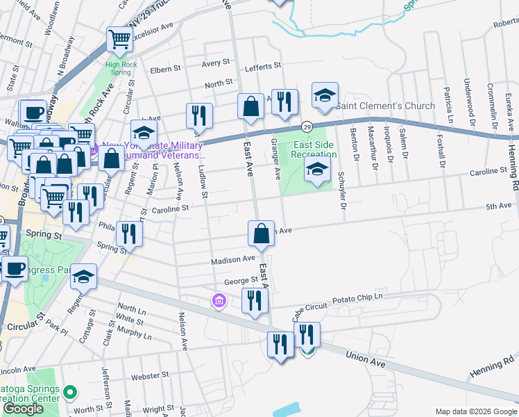 map of restaurants, bars, coffee shops, grocery stores, and more near 43 5th Avenue in Saratoga Springs