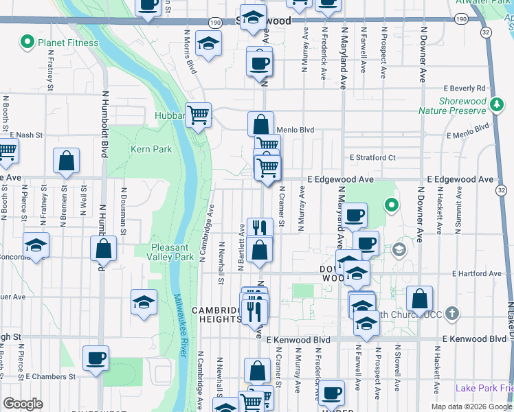 map of restaurants, bars, coffee shops, grocery stores, and more near 3421 North Oakland Avenue in Milwaukee