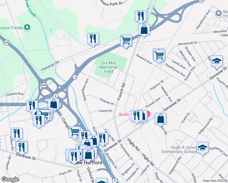 map of restaurants, bars, coffee shops, grocery stores, and more near 309 French Road in Utica