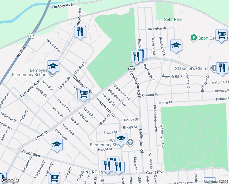 map of restaurants, bars, coffee shops, grocery stores, and more near 221-23 Maplehurst Avenue in Syracuse