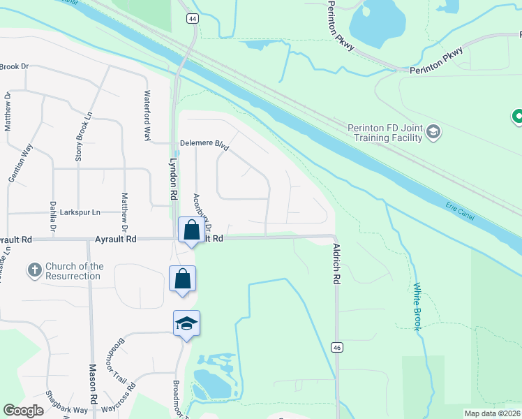 map of restaurants, bars, coffee shops, grocery stores, and more near 65 Delemere Boulevard in Fairport