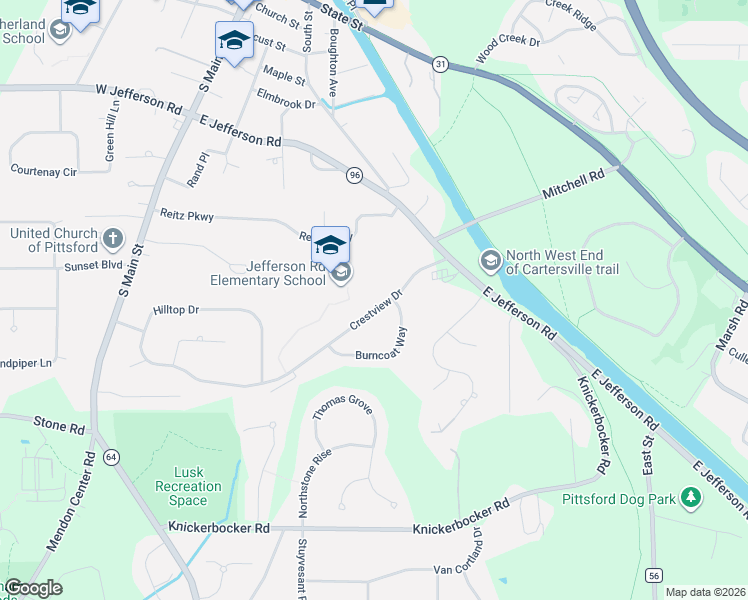 map of restaurants, bars, coffee shops, grocery stores, and more near 59 Crestview Drive in Pittsford