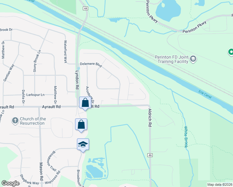 map of restaurants, bars, coffee shops, grocery stores, and more near 59 Delemere Boulevard in Fairport