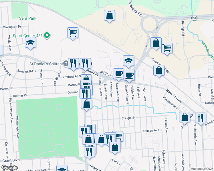 map of restaurants, bars, coffee shops, grocery stores, and more near 409 Snyder Avenue in Syracuse