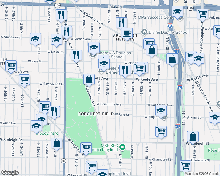 map of restaurants, bars, coffee shops, grocery stores, and more near 3343 North 15th Street in Milwaukee