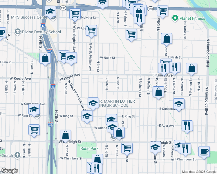 map of restaurants, bars, coffee shops, grocery stores, and more near 3374 North 2nd Street in Milwaukee