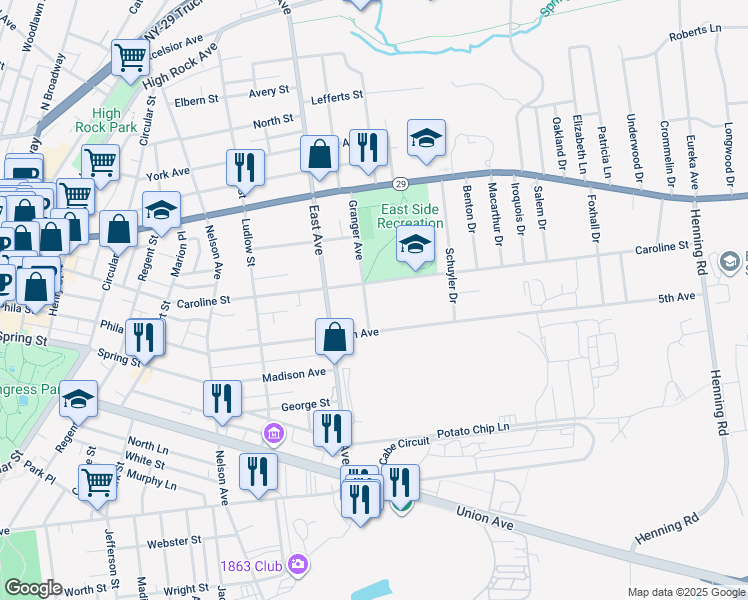map of restaurants, bars, coffee shops, grocery stores, and more near 48 Granger Avenue in Saratoga Springs