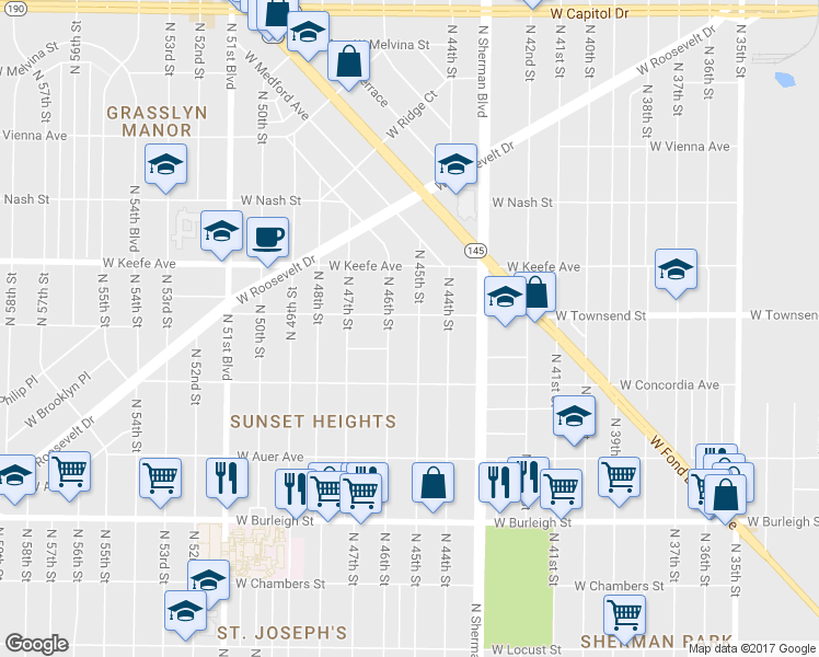 map of restaurants, bars, coffee shops, grocery stores, and more near 3334 North 46th Street in Milwaukee