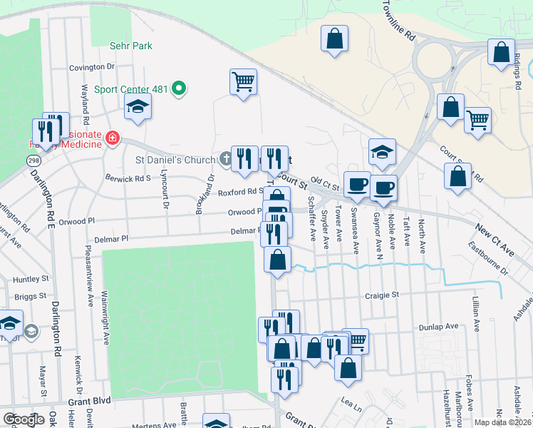 map of restaurants, bars, coffee shops, grocery stores, and more near 101 Arterial Road in Syracuse