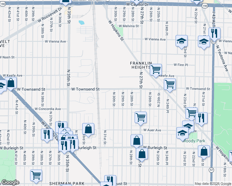 map of restaurants, bars, coffee shops, grocery stores, and more near 3386 North 30th Street in Milwaukee