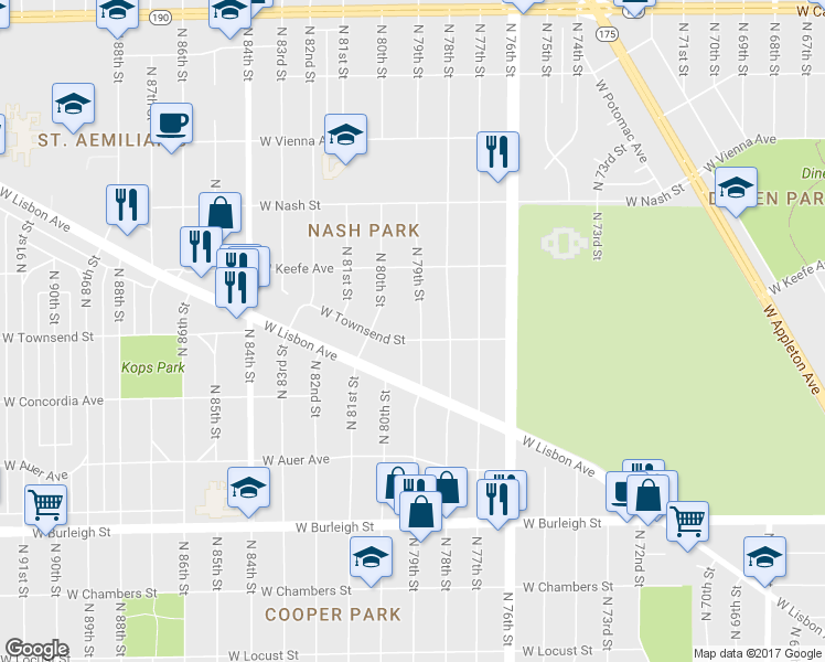 map of restaurants, bars, coffee shops, grocery stores, and more near 7906 West Townsend Street in Milwaukee