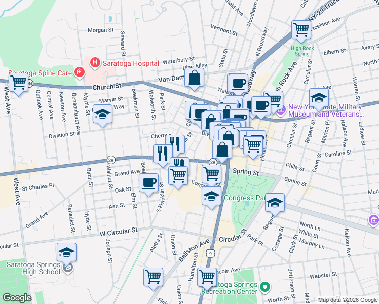 map of restaurants, bars, coffee shops, grocery stores, and more near 60 Franklin Street in Saratoga Springs
