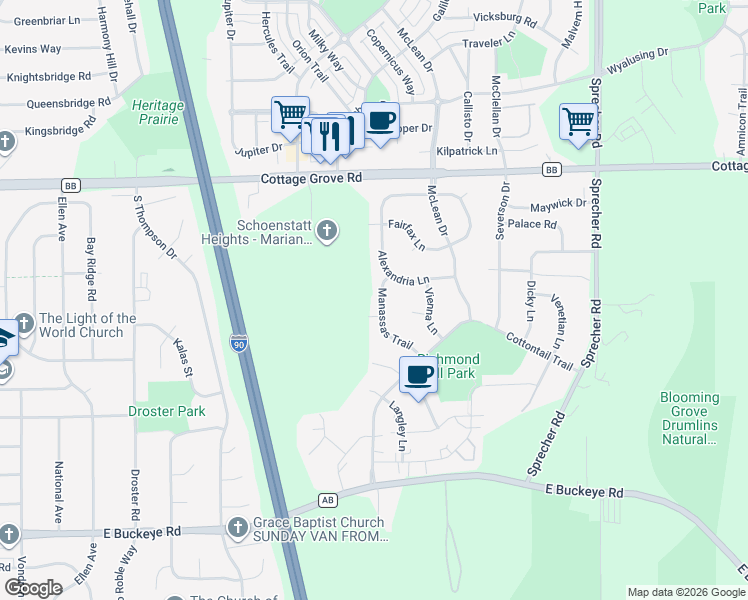 map of restaurants, bars, coffee shops, grocery stores, and more near 1302 Manassas Trail in Madison
