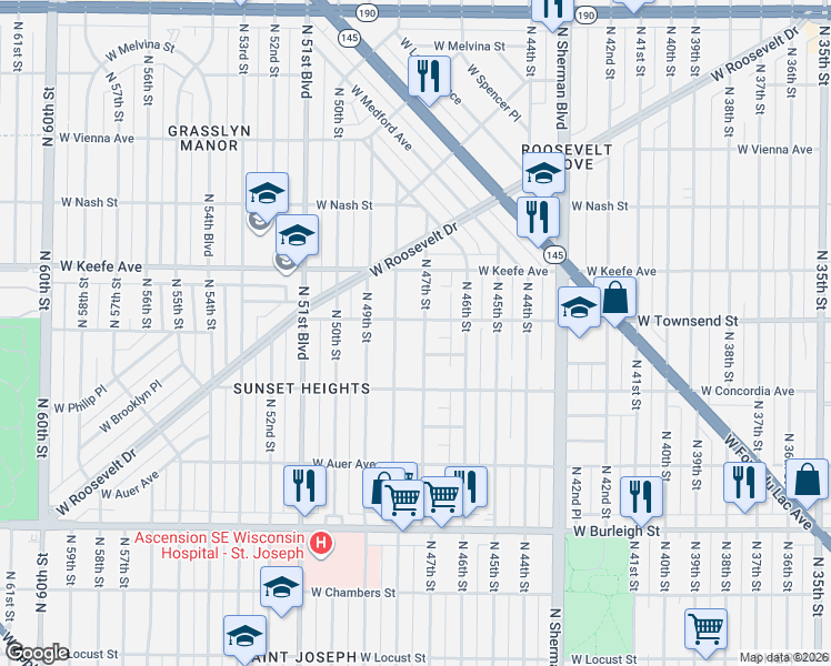 map of restaurants, bars, coffee shops, grocery stores, and more near 3412 North 48th Street in Milwaukee
