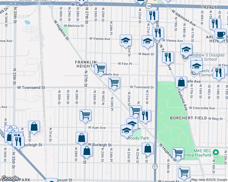 map of restaurants, bars, coffee shops, grocery stores, and more near 3418 North 24th Place in Milwaukee