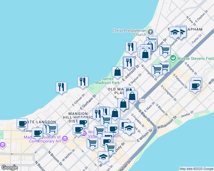 map of restaurants, bars, coffee shops, grocery stores, and more near 505 East Gorham Street in Madison