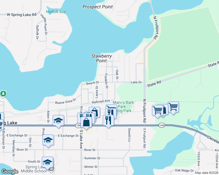 map of restaurants, bars, coffee shops, grocery stores, and more near 17258 Ottawa Avenue in Spring Lake