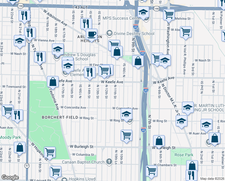 map of restaurants, bars, coffee shops, grocery stores, and more near in Milwaukee