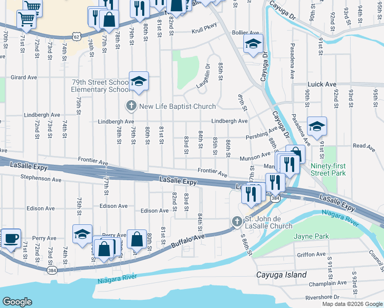 map of restaurants, bars, coffee shops, grocery stores, and more near 8305 Pershing Avenue in Niagara Falls