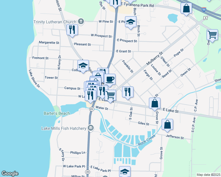 map of restaurants, bars, coffee shops, grocery stores, and more near 102 East Madison Street in Lake Mills