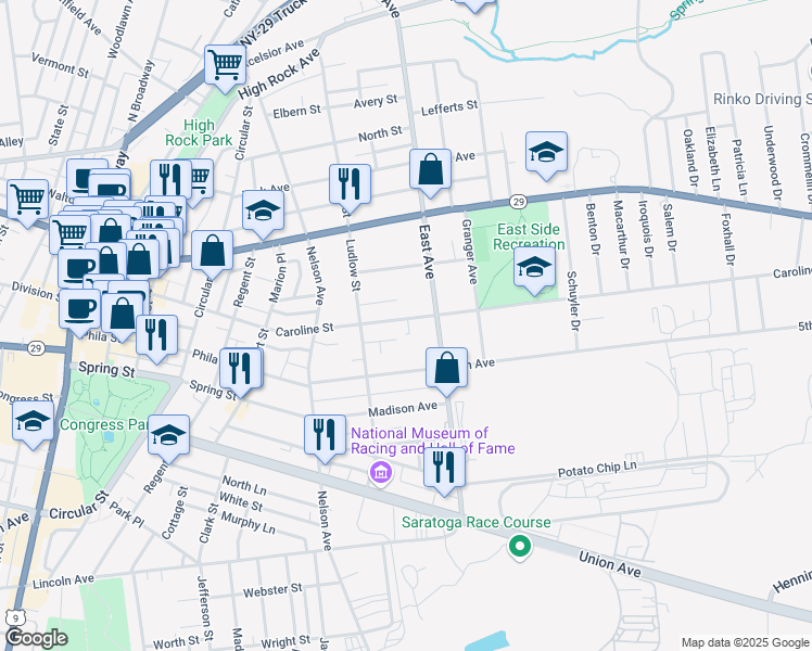 map of restaurants, bars, coffee shops, grocery stores, and more near 250 Caroline Street in Saratoga Springs