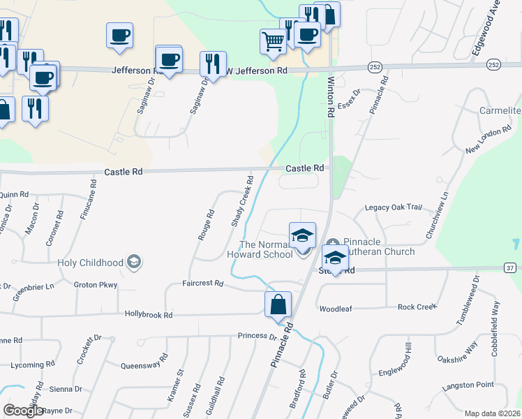map of restaurants, bars, coffee shops, grocery stores, and more near 78 Lysander Drive in Rochester