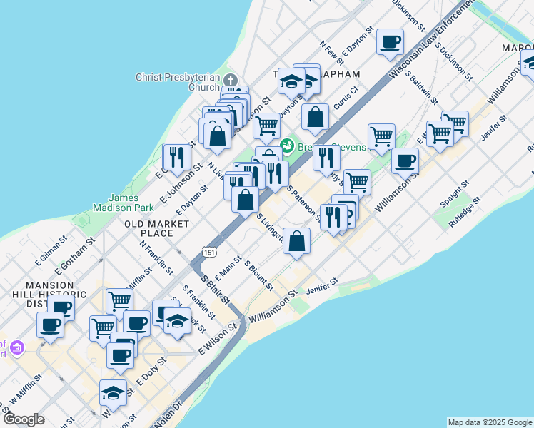 map of restaurants, bars, coffee shops, grocery stores, and more near 821 East Washington Avenue in Madison