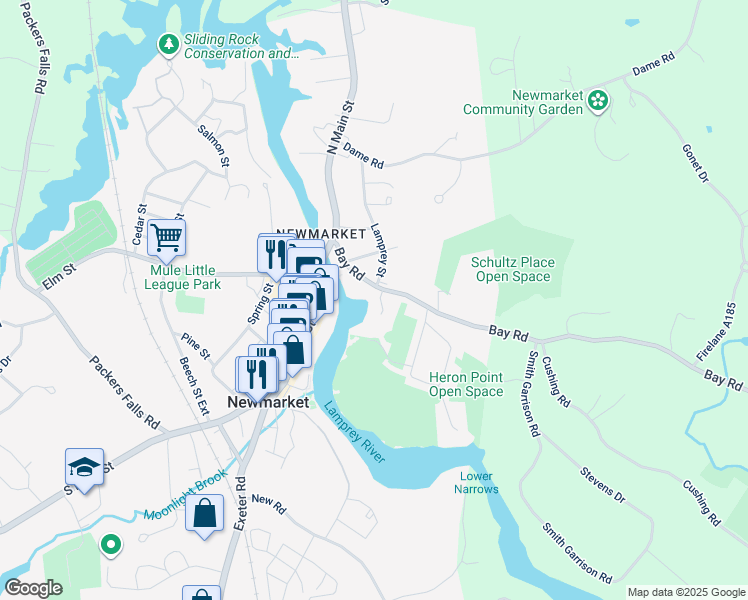map of restaurants, bars, coffee shops, grocery stores, and more near 25 Bay Road in Newmarket