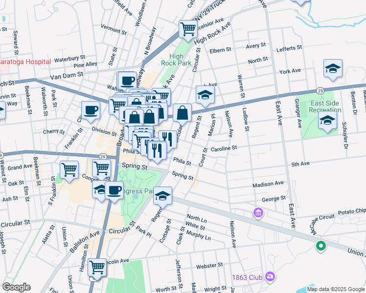map of restaurants, bars, coffee shops, grocery stores, and more near 124 Circular Street in Saratoga Springs