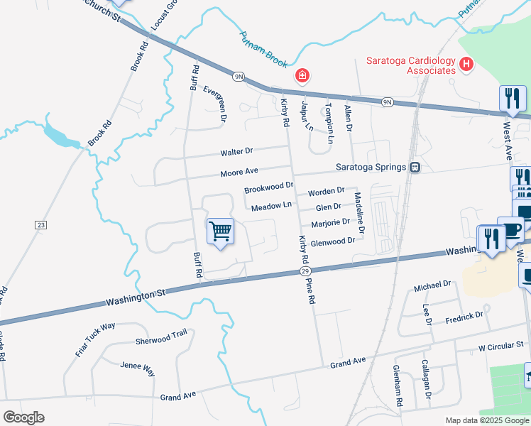 map of restaurants, bars, coffee shops, grocery stores, and more near 9 Brookwood Drive in Saratoga Springs