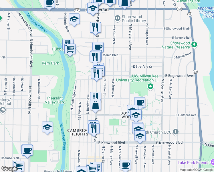 map of restaurants, bars, coffee shops, grocery stores, and more near 3489 North Cramer Street in Milwaukee