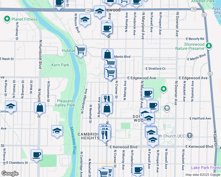 map of restaurants, bars, coffee shops, grocery stores, and more near 3483 North Oakland Avenue in Milwaukee
