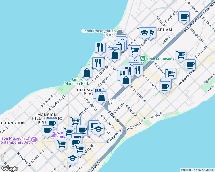 map of restaurants, bars, coffee shops, grocery stores, and more near in Madison