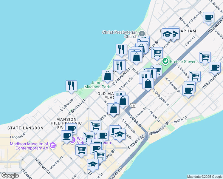 map of restaurants, bars, coffee shops, grocery stores, and more near 635 East Johnson Street in Madison