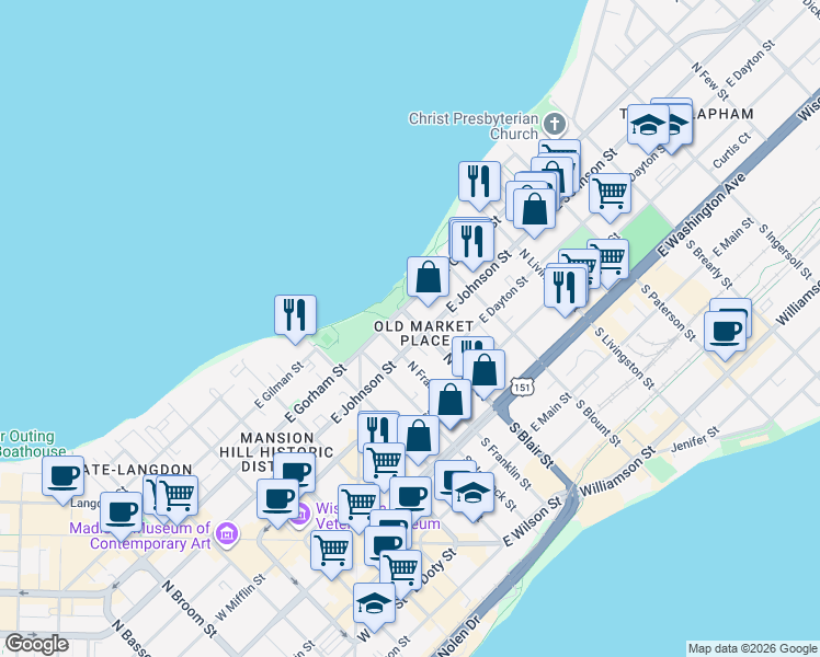 map of restaurants, bars, coffee shops, grocery stores, and more near 609 East Gorham Street in Madison